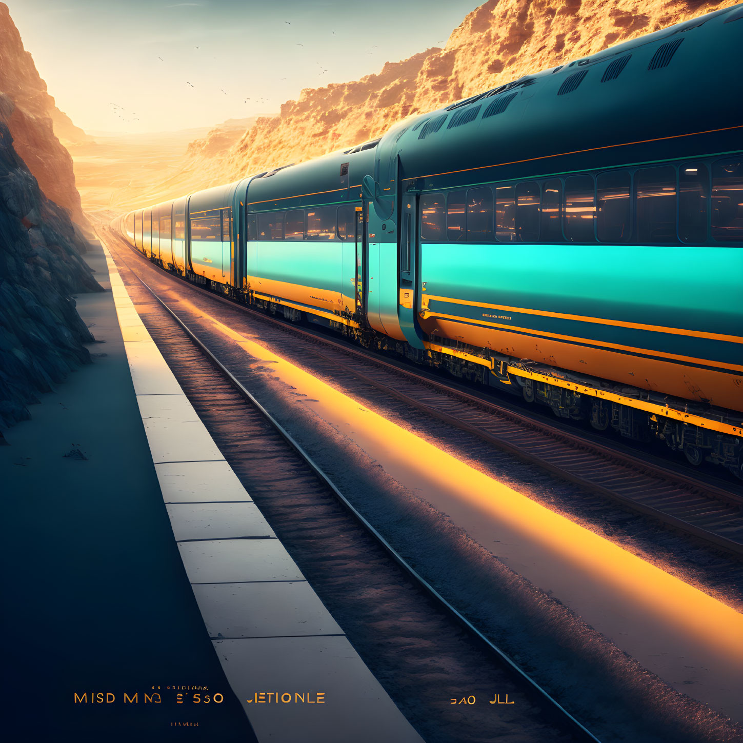 Futuristic train in narrow canyon at sunset