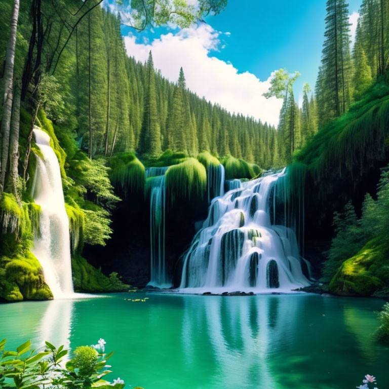 Tranquil waterfall surrounded by lush greenery and pine trees