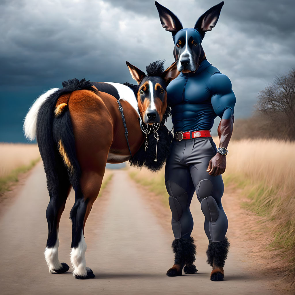 Horse with Dog's Head in Superhero Costume on Pathway