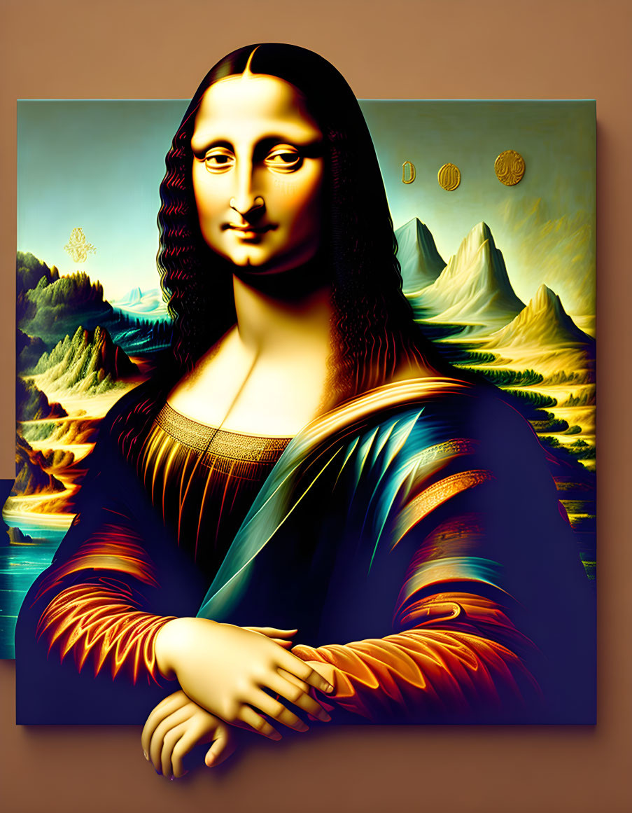 Digitally altered Mona Lisa with vivid colors and exaggerated features