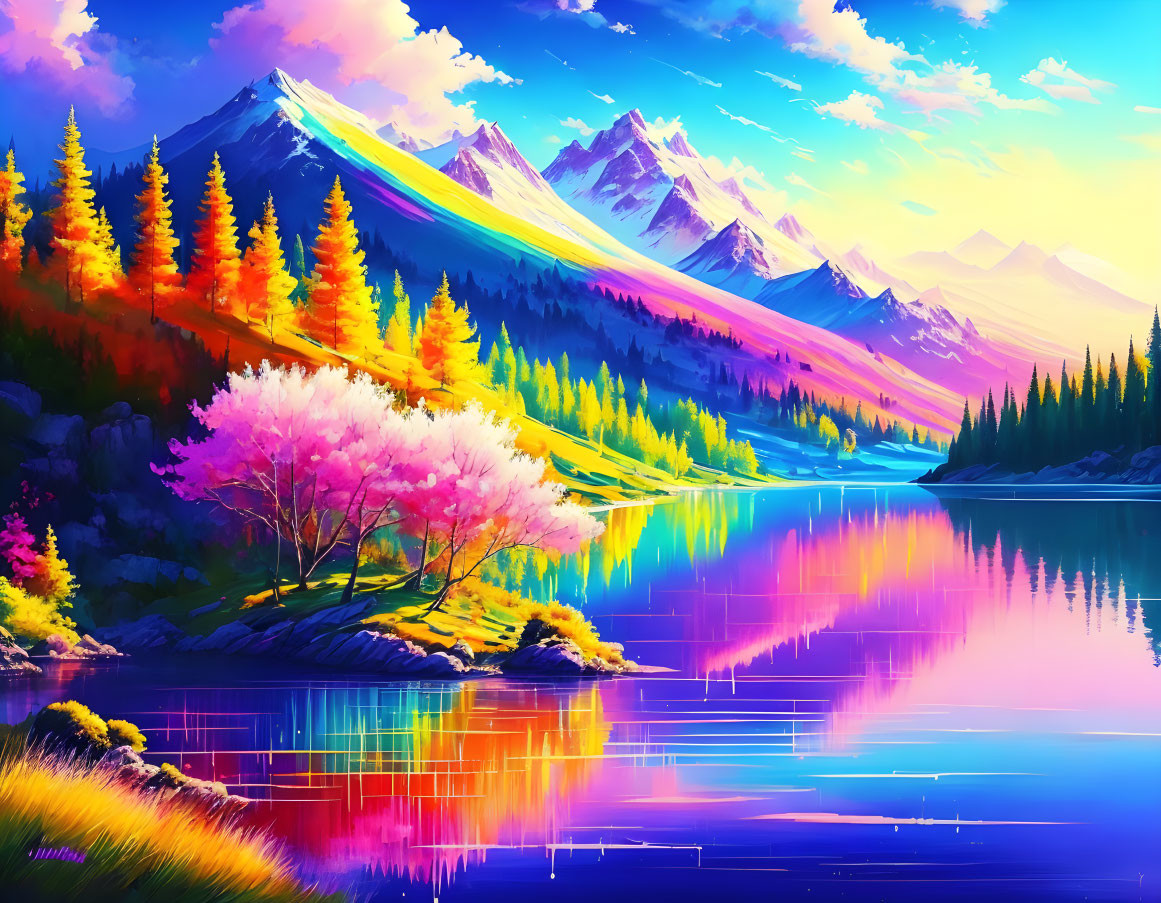 Colorful autumn landscape with mountains, trees, lake, and sunset sky