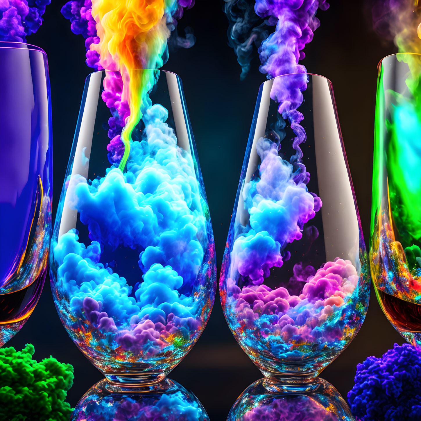 Vibrant colored smoke swirling in two glasses on dark background