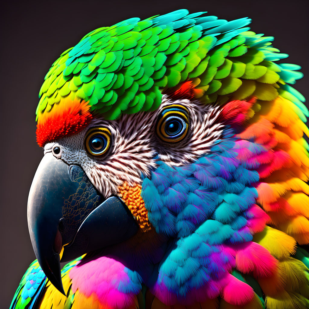 Detailed close-up of vibrant multicolored parrot feathers, eye, and beak on dark backdrop