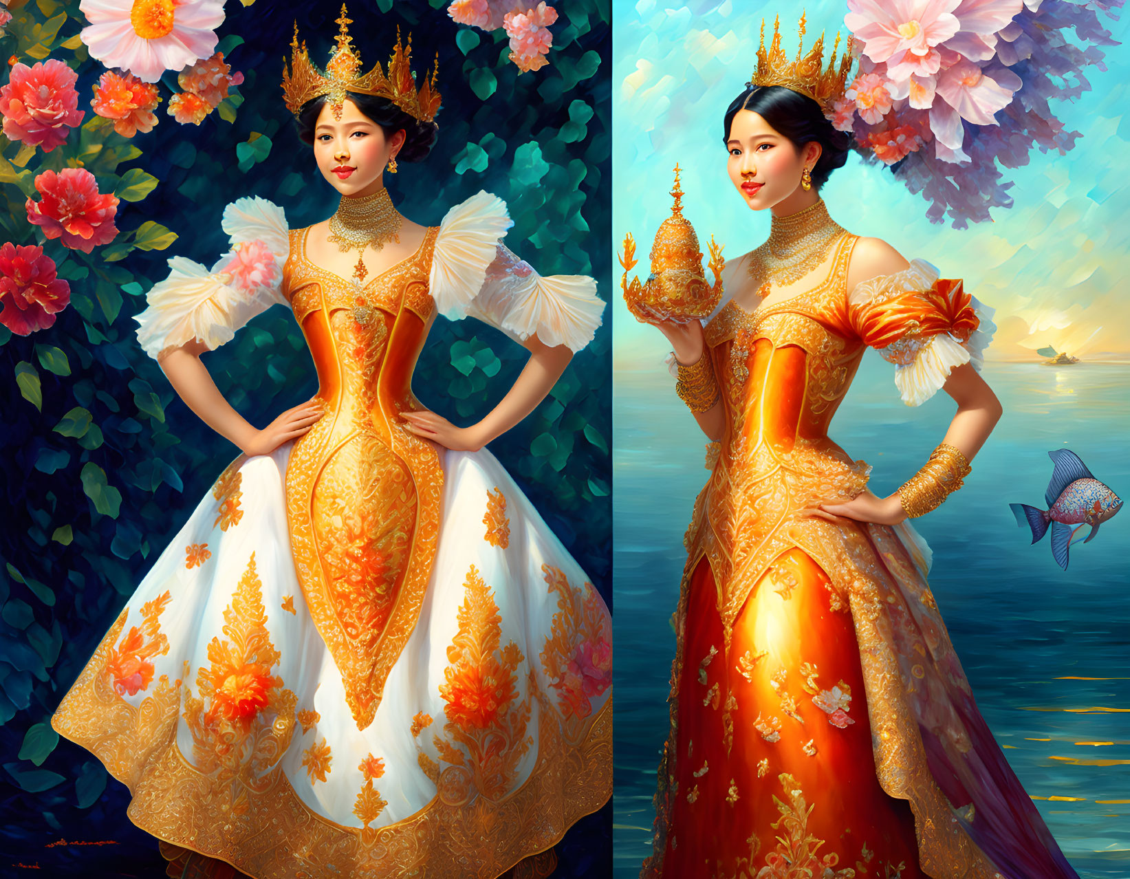 Diptych featuring woman in traditional attire with gold detailing amid blossoming flowers and serene ocean