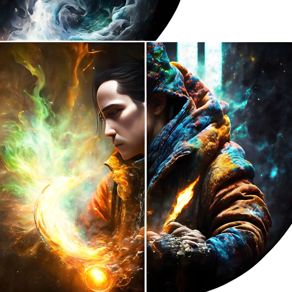 Split image: mystical fire orb person and galaxy-print jacket figure.