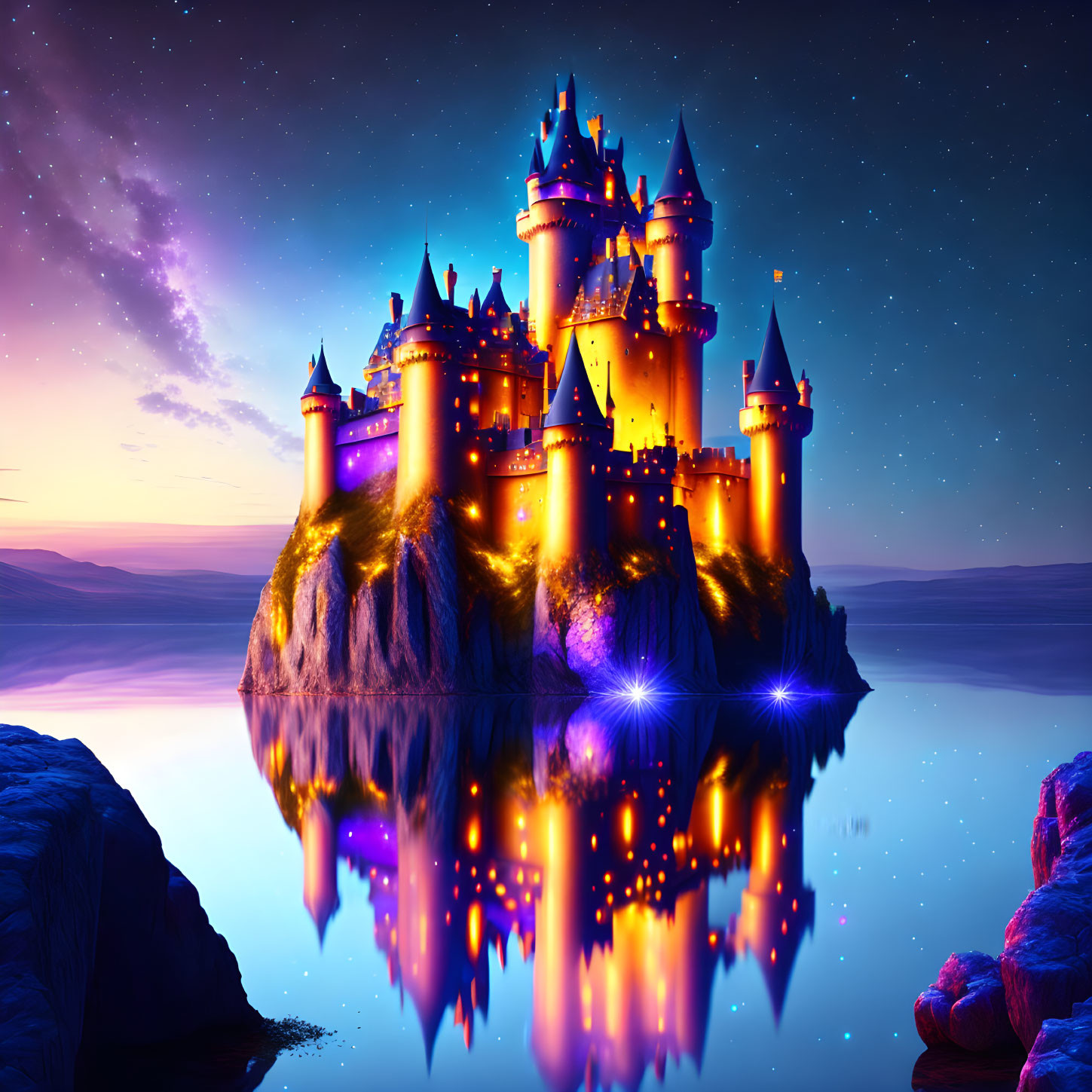 Fantasy castle on rocky island at twilight with starry sky