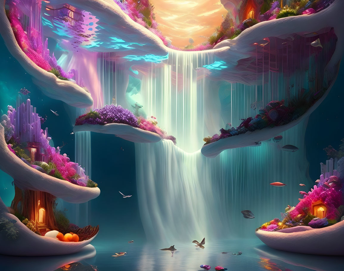 Fantastical landscape with floating islands and glowing lights