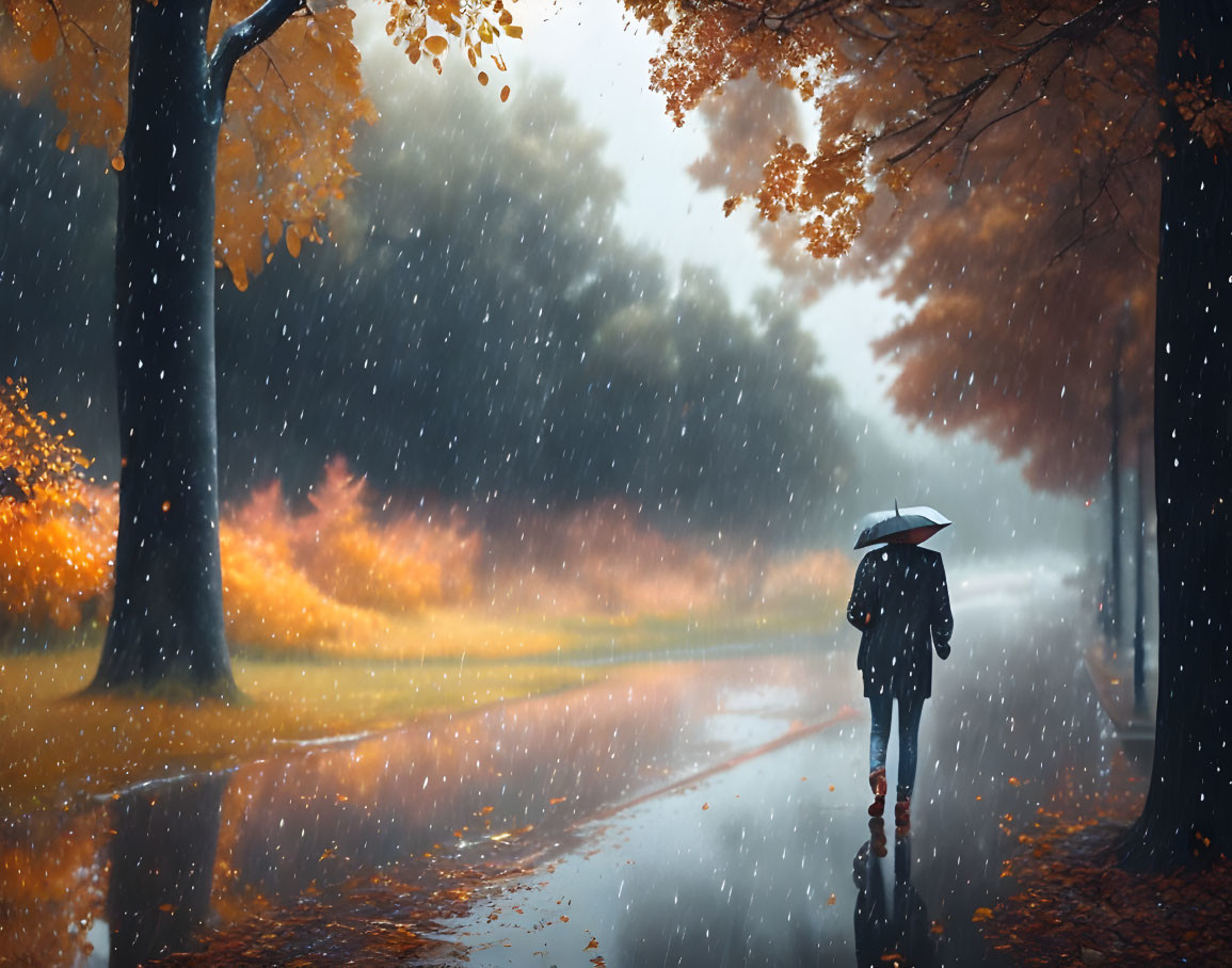 Solitary figure with umbrella walking on wet path lined with autumn trees in gentle rain