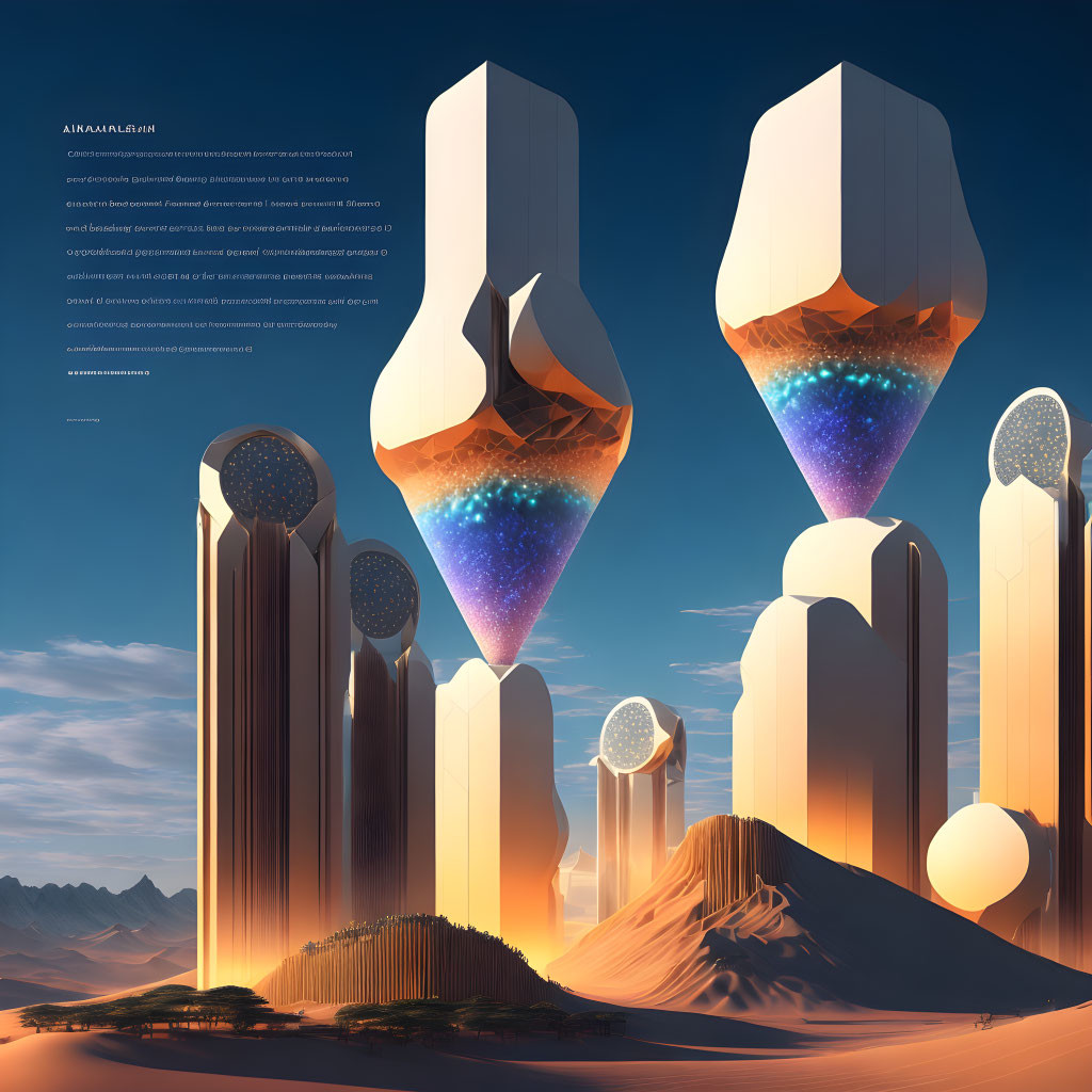 Futuristic desert landscape with crystal-like structures in star-filled cosmos