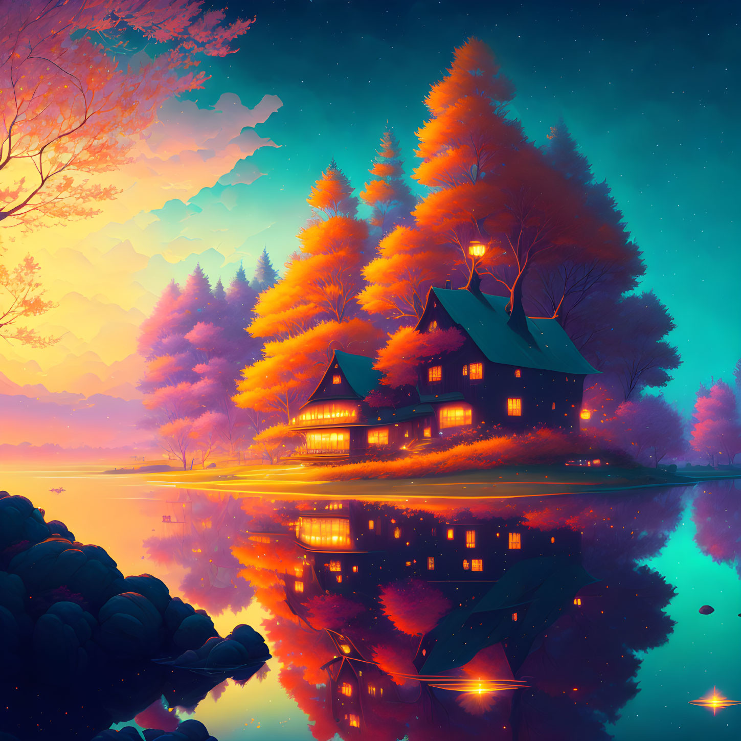 Colorful lakeside house illustration with autumn trees and twilight sky