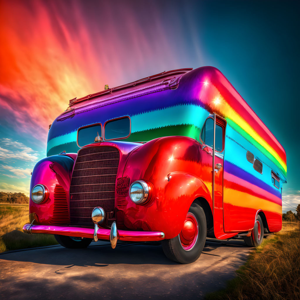 Colorful vintage van with rainbow paint job under sunset sky in open field