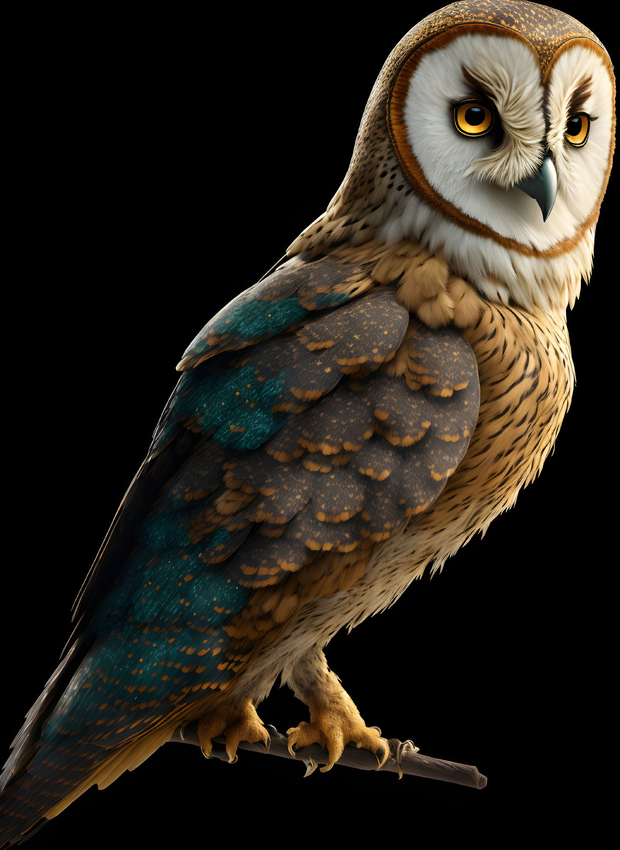 Detailed Brown, Beige, and Blue Owl Illustration on Black Background