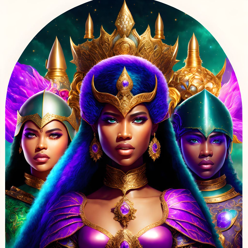 Stylized regal female figures with golden crowns and armor against cosmic backdrop