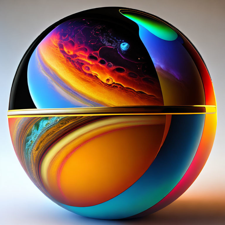 Colorful Abstract Spherical Artwork with Swirling Patterns and Golden Ring