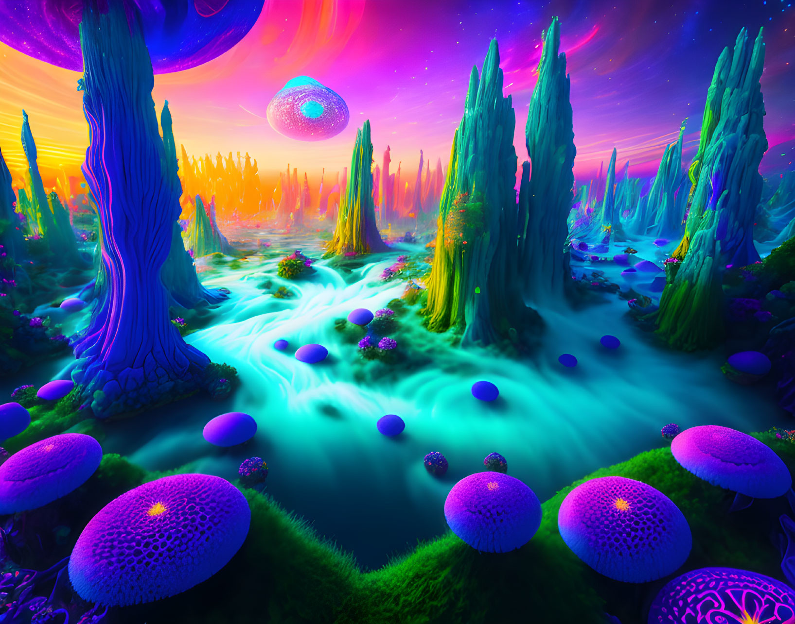 Colorful alien landscape with glowing rivers, towering trees, and purple mushrooms under multiple moons.