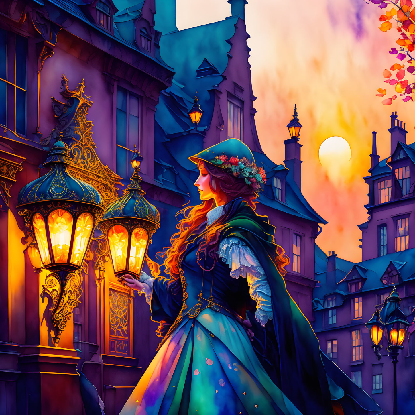 Vintage dress woman near glowing street lamp in sunset-lit cityscape.