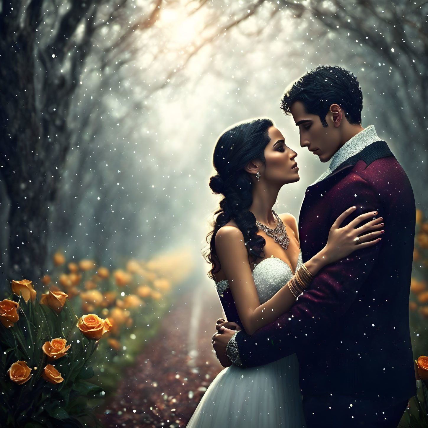 Romantic couple embracing in a dreamy forest setting