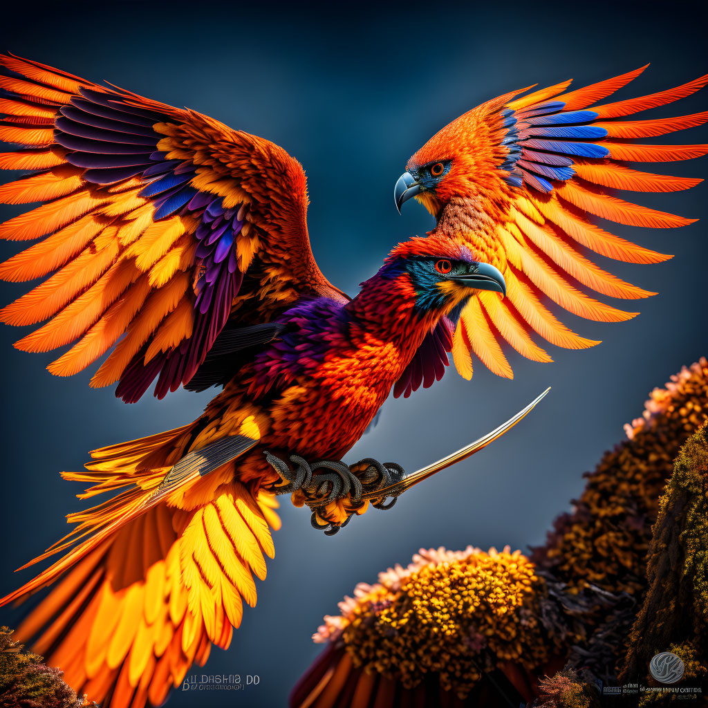 Colorful Parrots Perched on Branch Against Dark Blue Background