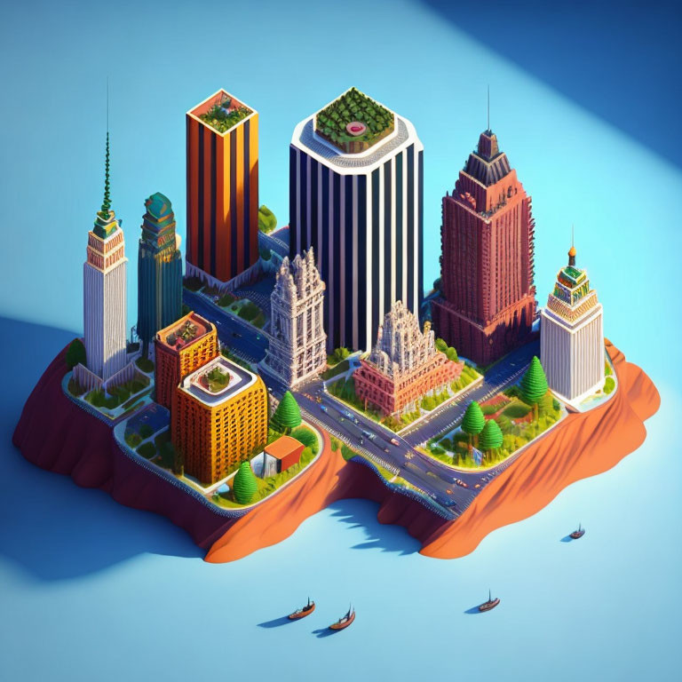 Colorful 3D island illustration with skyscrapers, roads, cars, trees, and boats