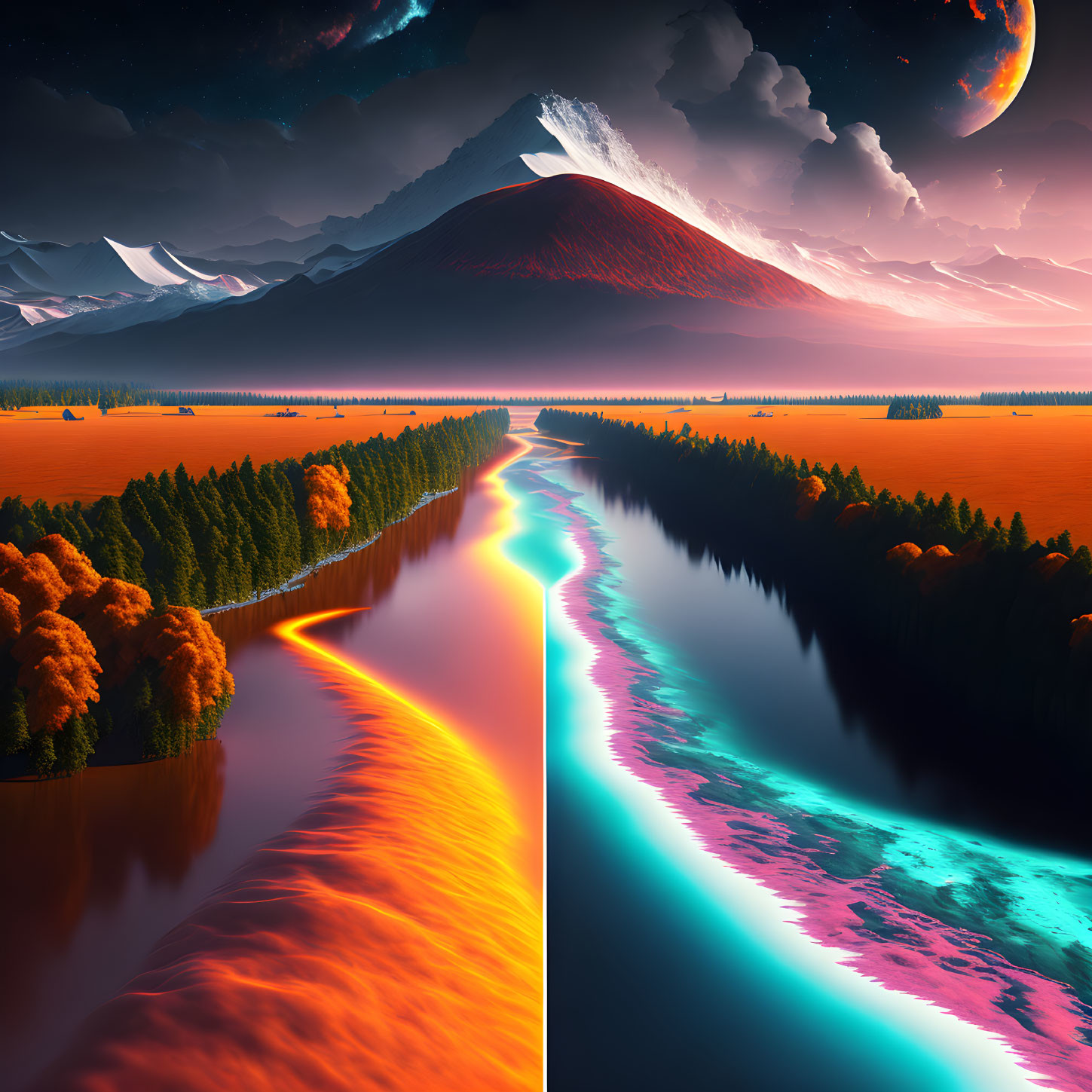 Surreal landscape: split river, colorful forest, mountains, vibrant sky