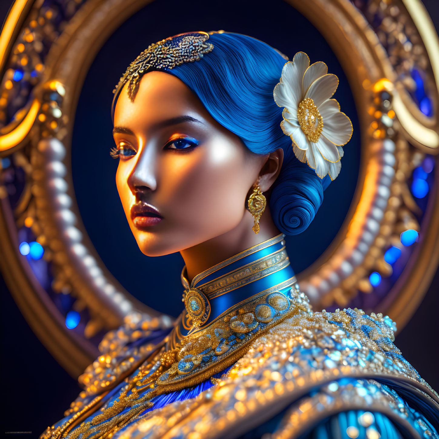 Blue-skinned woman with gold jewelry in ornate mirror frame