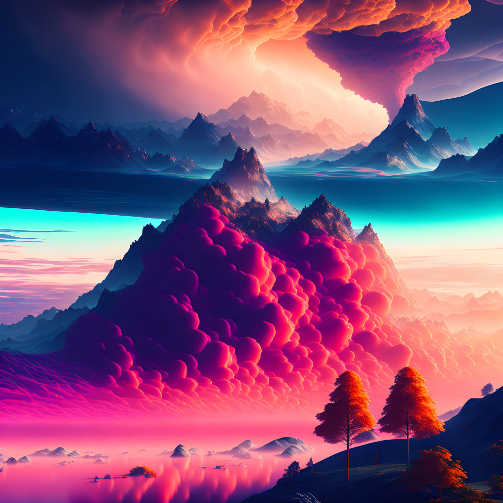 Vibrant digital artwork: surreal landscape with towering mountains