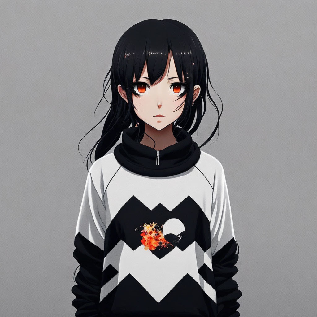 Animated character with long black hair and amber eyes in black and white floral hoodie