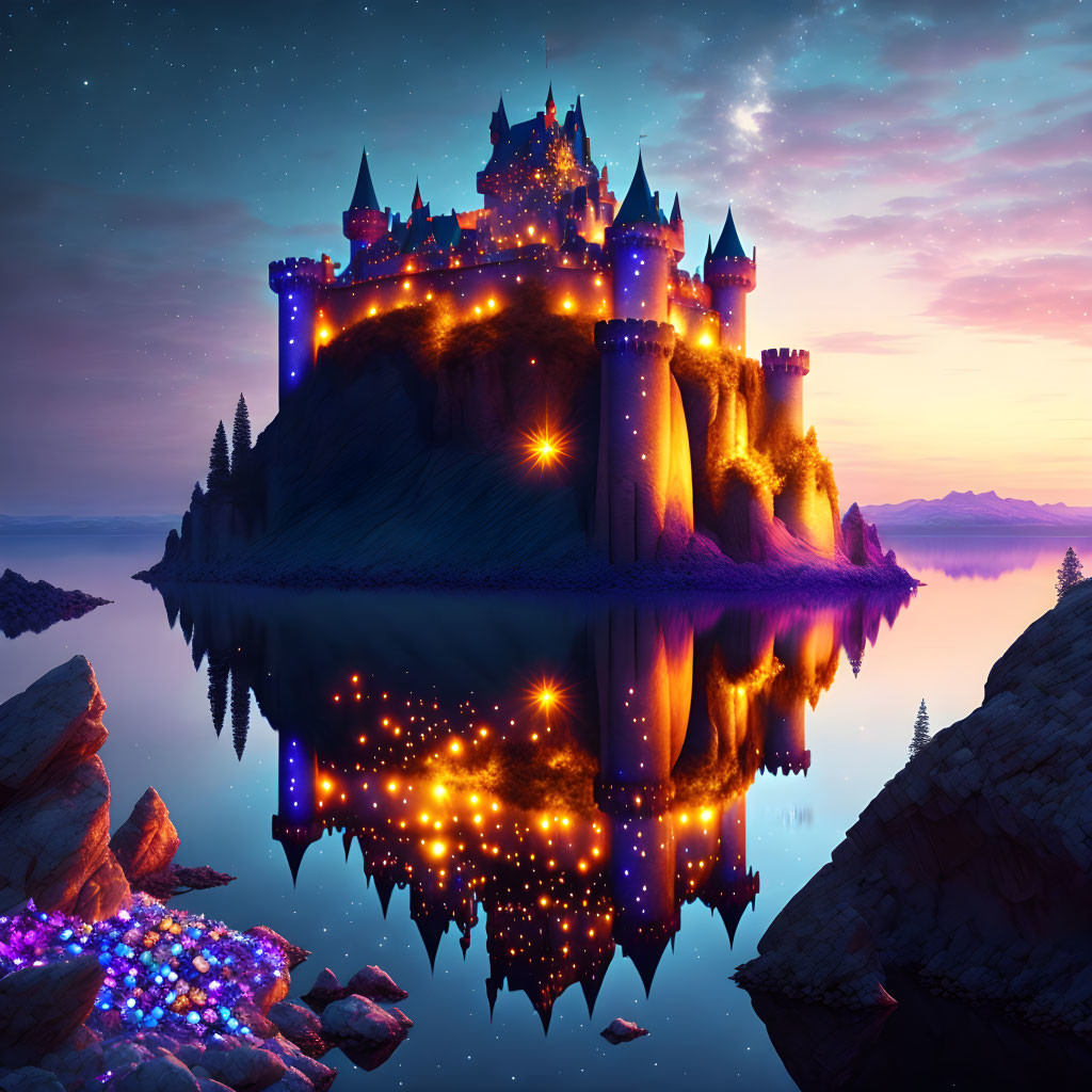 Majestic castle on island at twilight with starry skies