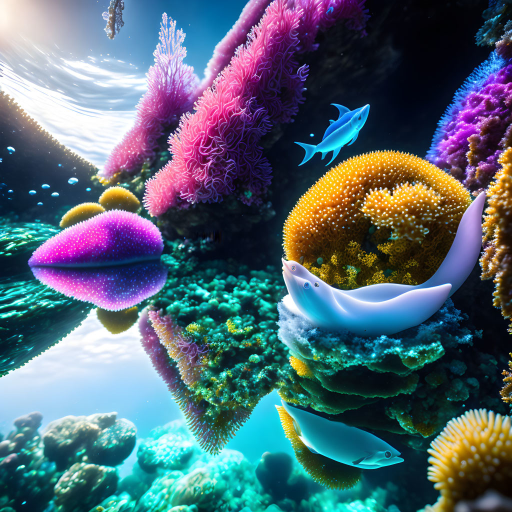 Colorful Coral, Ray, Fish in Underwater Scene