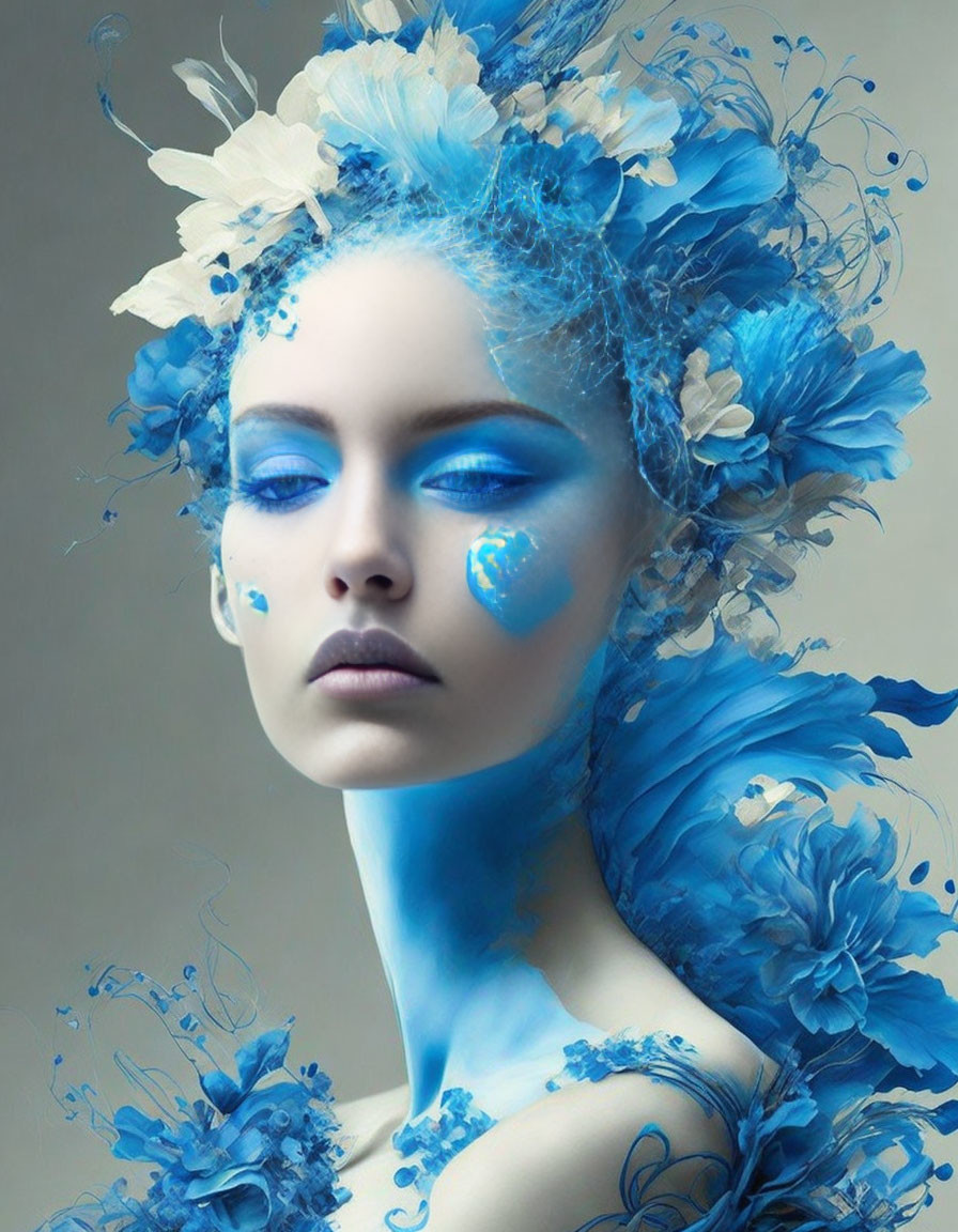 Blue Body Paint and Flower Adornments Create Fantasy Aura