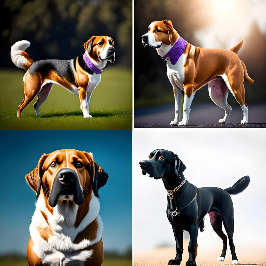 Stylized muscular beagle dog in four poses with detailed fur and collar