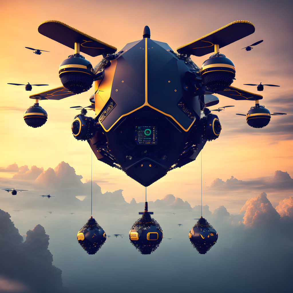 Multiple propeller futuristic aircraft above clouds with drones at sunset