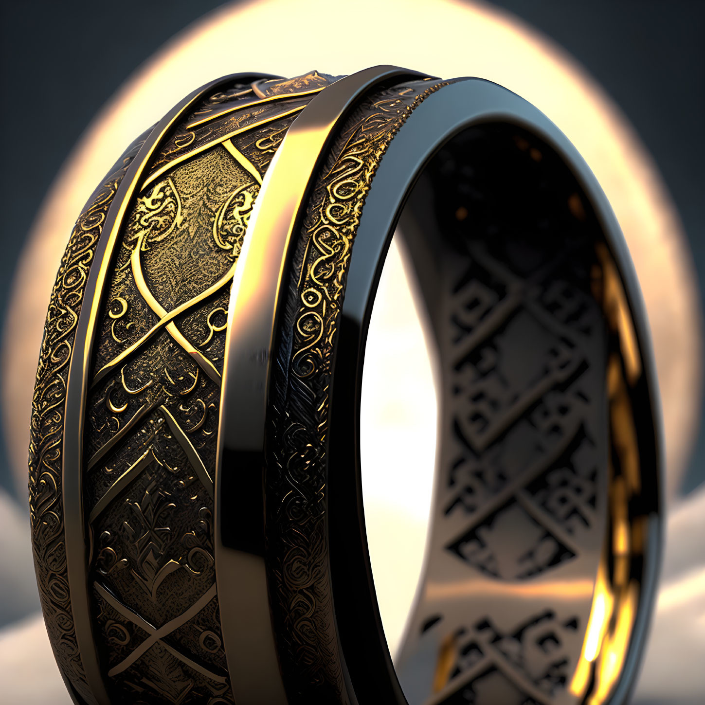 Ornate golden rings with intricate patterns and inscriptions