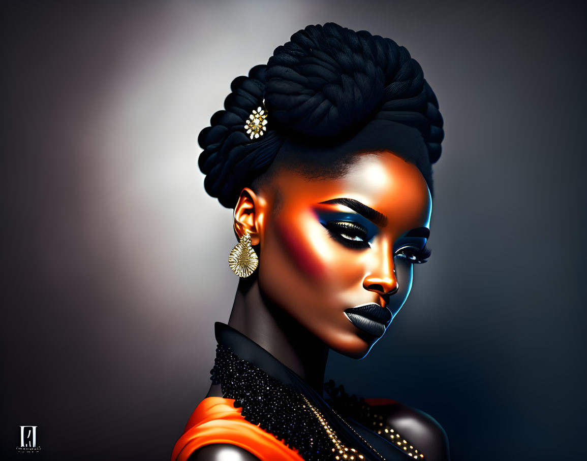 Vibrant makeup and intricate updo in digital art portrait