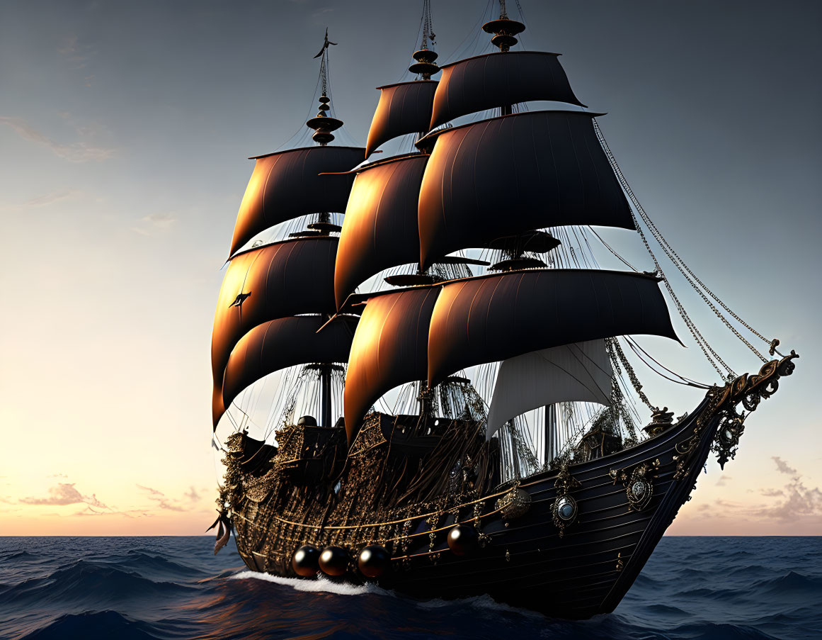 Majestic sailing ship with dark sails on ocean waters at sunset