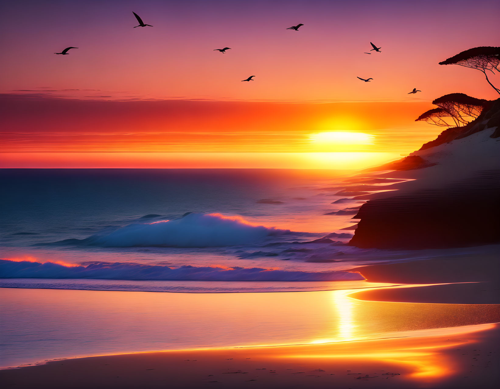 Scenic beach sunset with golden reflection, birds, and gentle waves