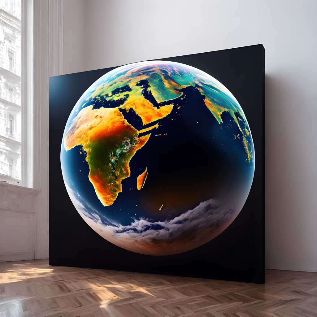 Hyper-realistic painting of Earth in classical room