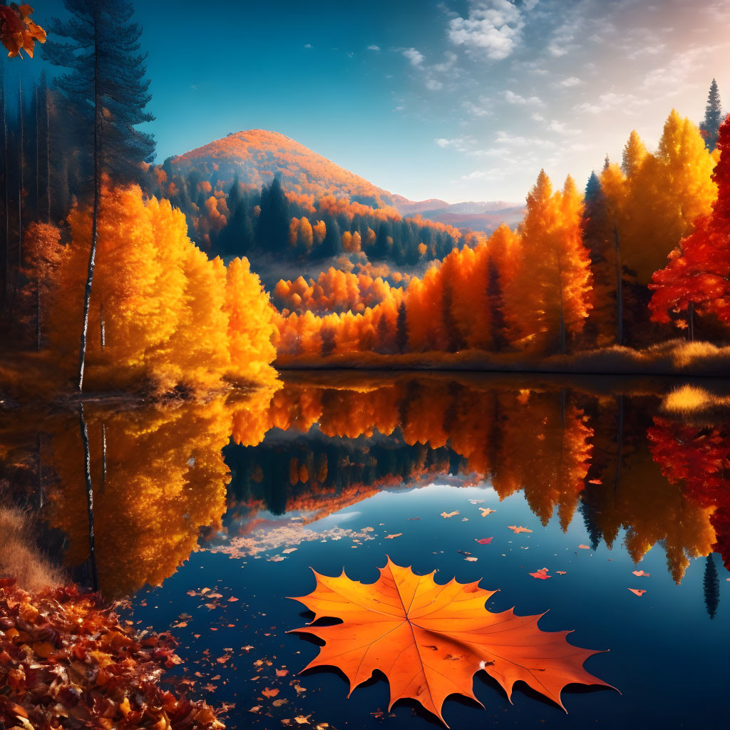 Scenic autumn landscape with golden foliage, mountain reflection, and maple leaf.