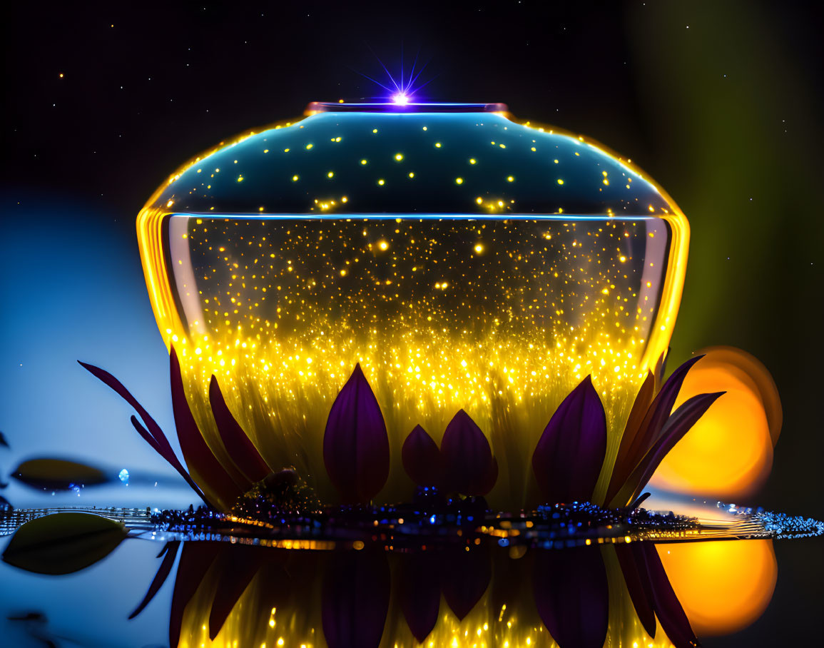 Translucent glowing bowl with golden sparkles on dark surface