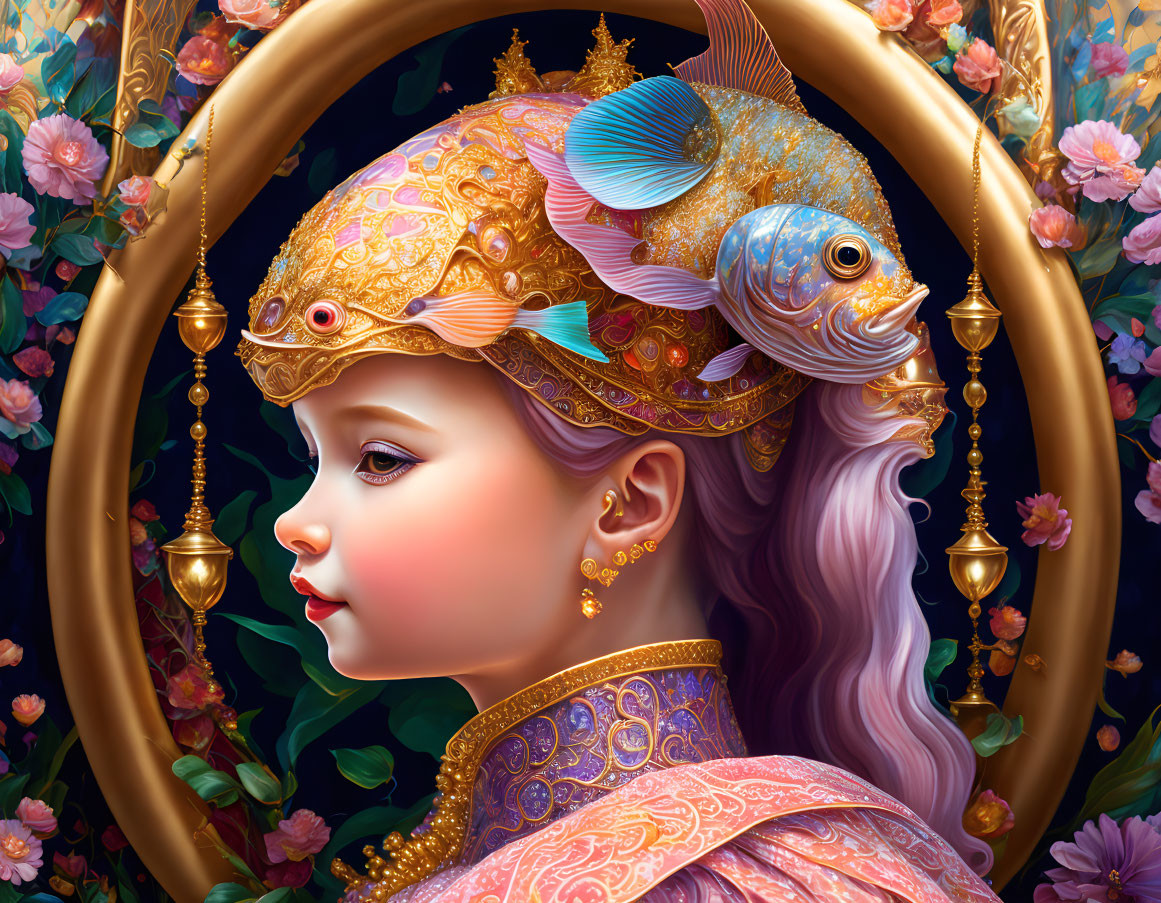 Detailed illustration of young girl with golden fish crown, surrounded by floral motifs in ornate oval frame.