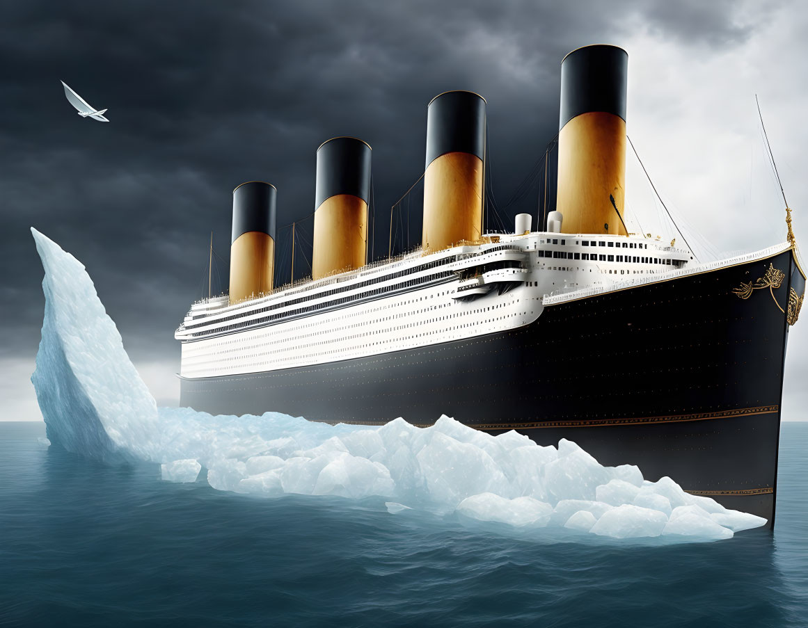 Vintage ocean liner near iceberg in stormy sea with dark clouds and flying bird