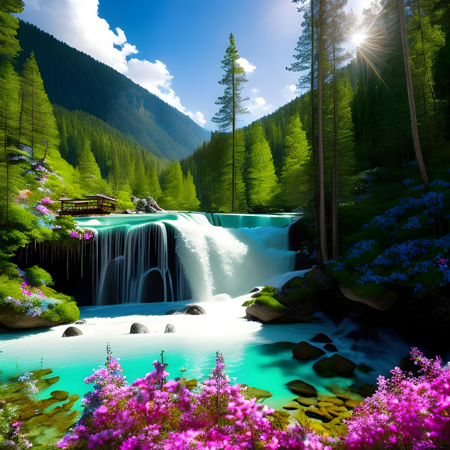 Scenic landscape with waterfall, cabin, and pink flowers