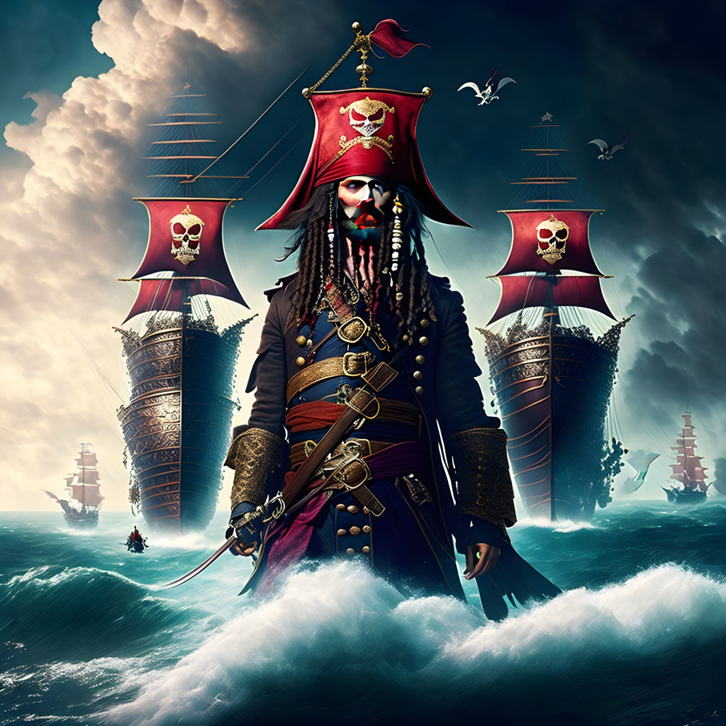 Stylized pirate captain on waves with ship and red sails