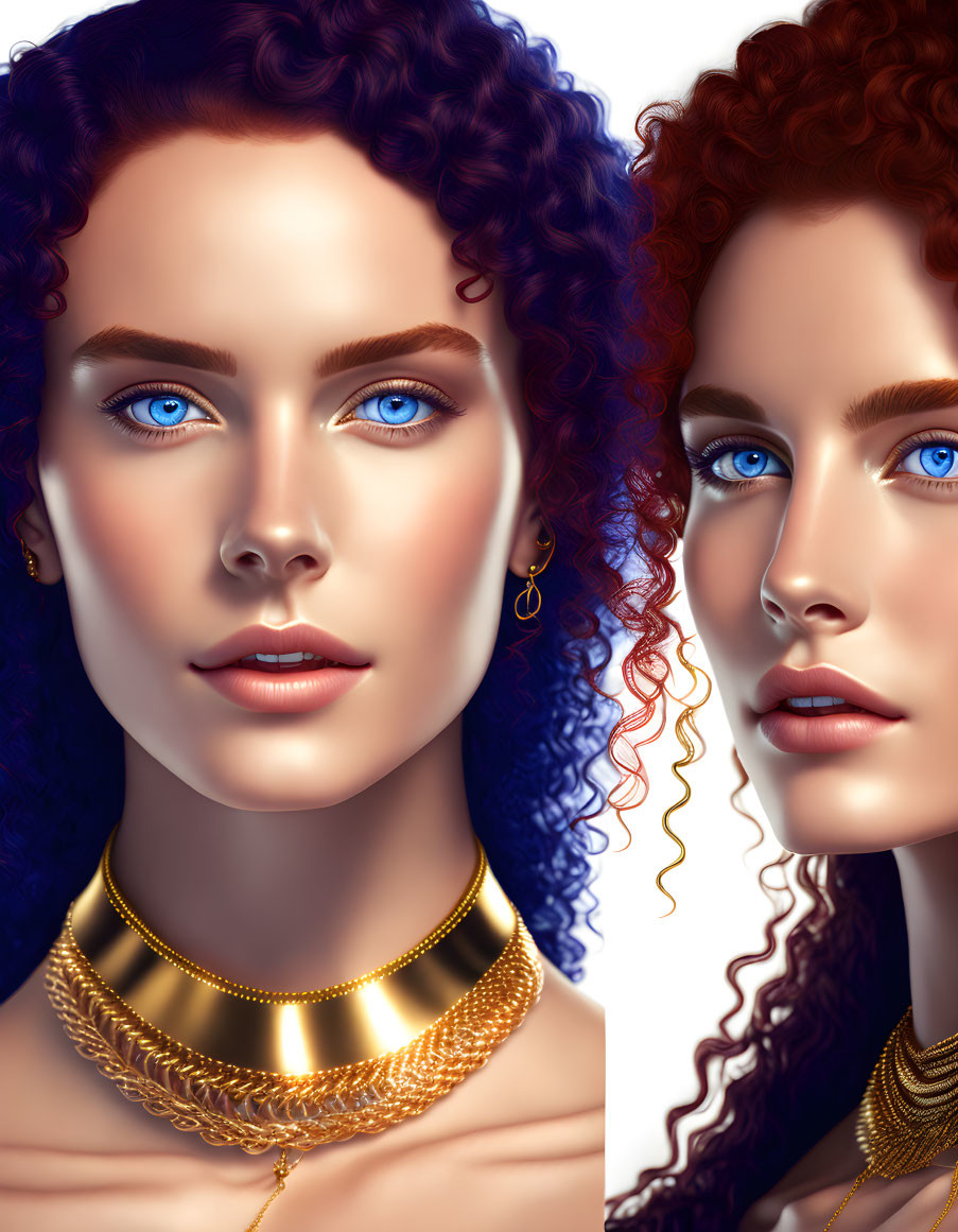 Women with Blue and Red Highlights, Striking Blue Eyes, Curly Hair, Gold Jewelry