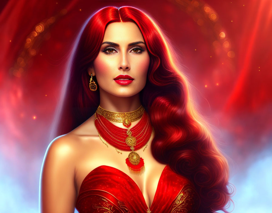 Digital Artwork: Woman with Red Hair, Golden Jewelry, Red Dress on Glowing Background