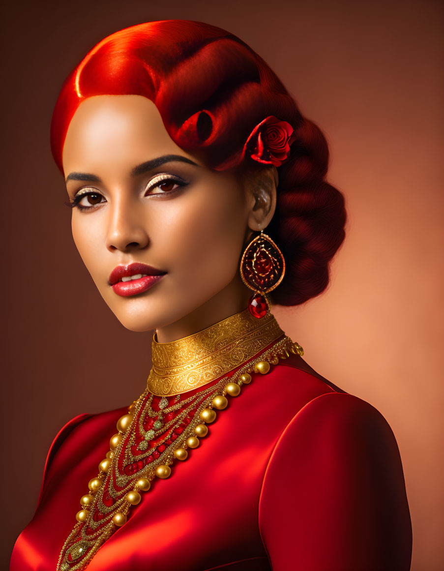 Red-haired woman in vintage style red dress with gold trim and accessories.