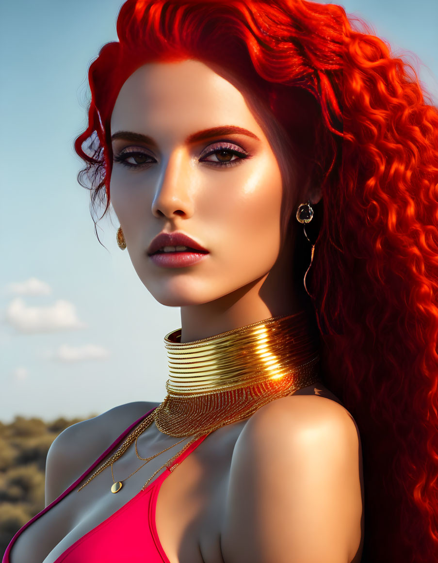 Vibrant red-haired woman with striking makeup and gold jewelry on blue sky background