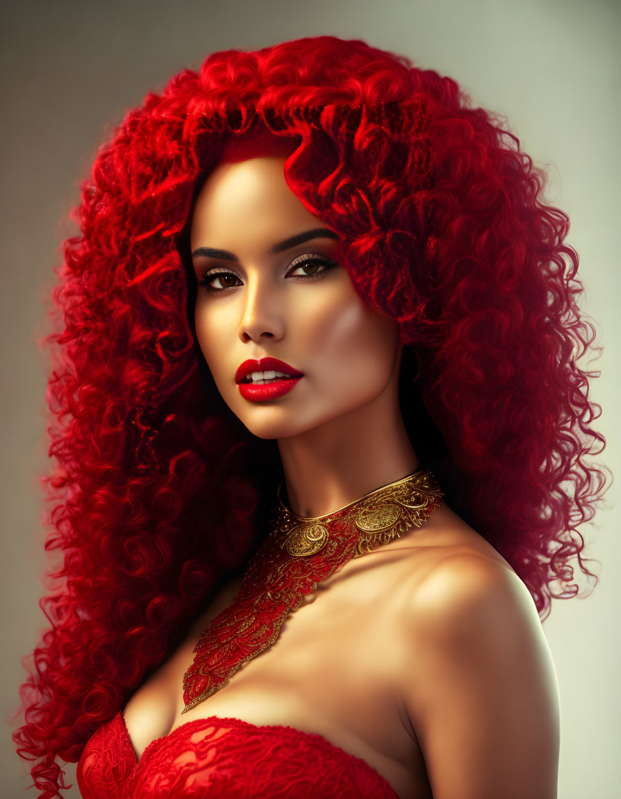 Voluminous Red Curly Hair Woman with Striking Makeup and Gold Necklace