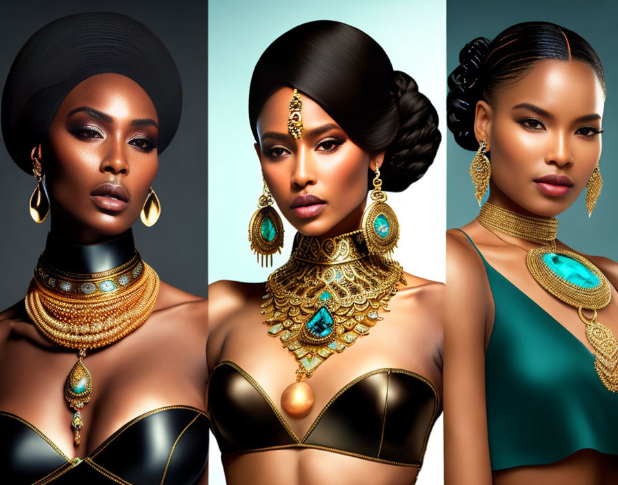 Three women in elegant head wraps and luxurious gold jewelry on gradient background