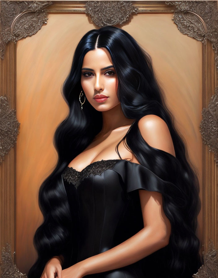 Portrait of a Woman with Long Black Hair in Ornate Frame